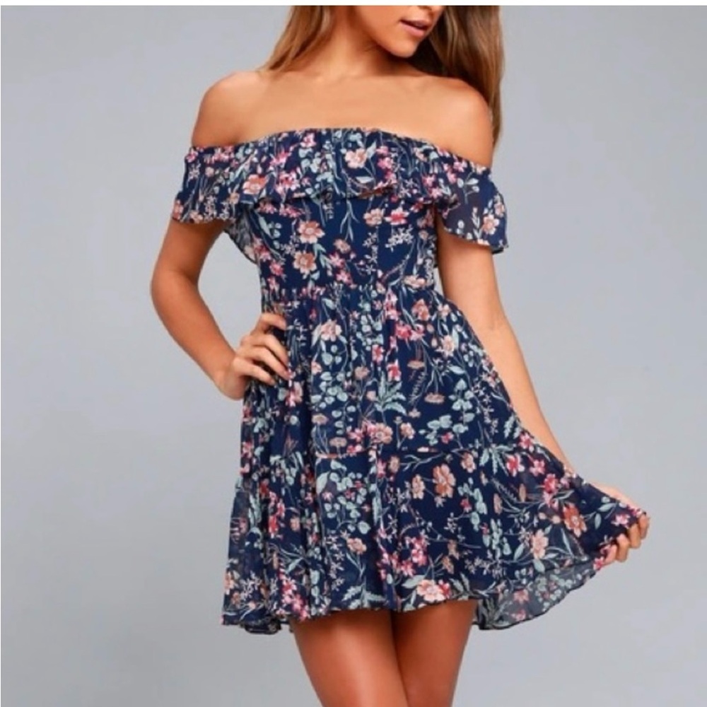 Lulus My Favorite Navy Blue Floral Print Off-the-Shoulder Dress size L